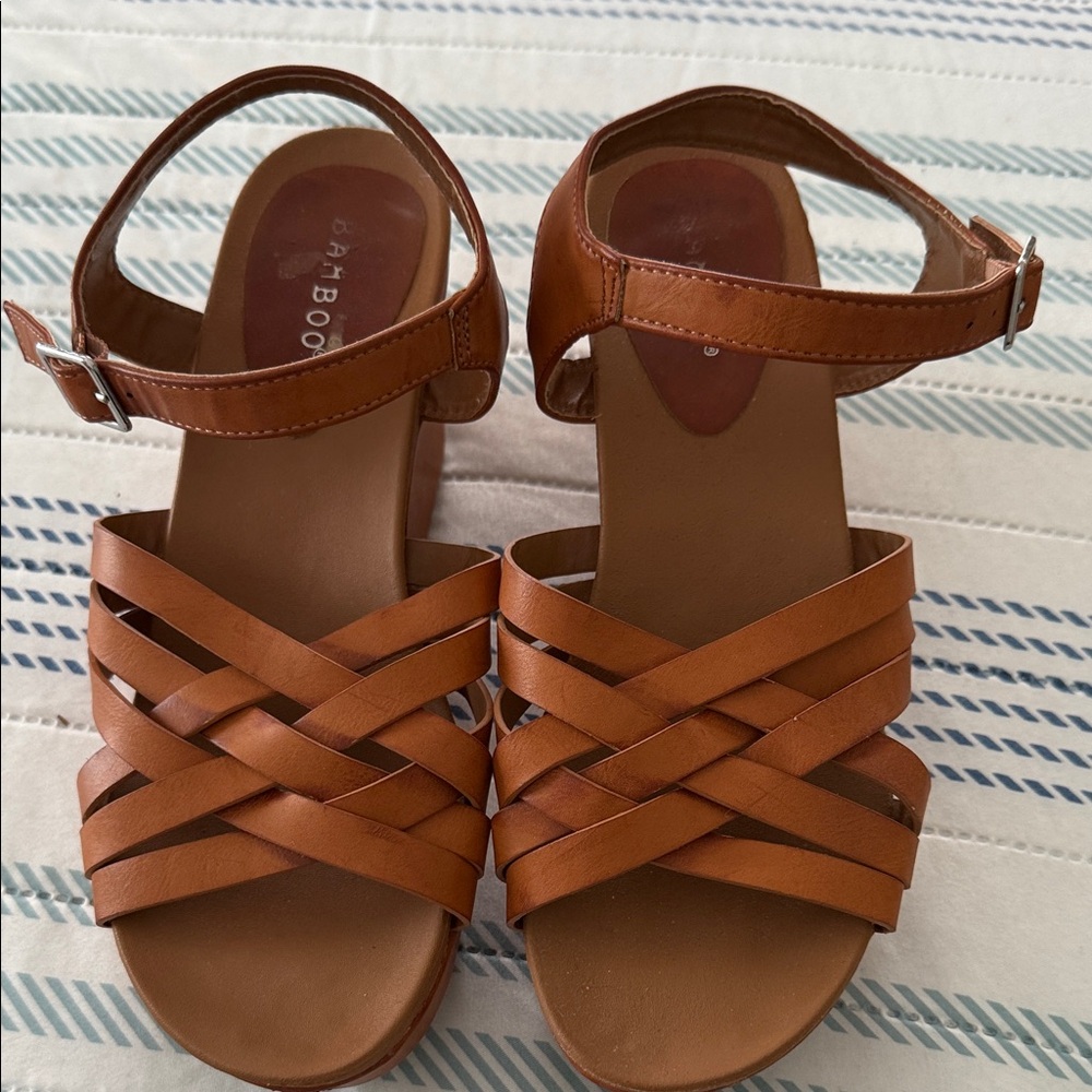 BAMBOO Women's Brown Strappy Wedge Sandals